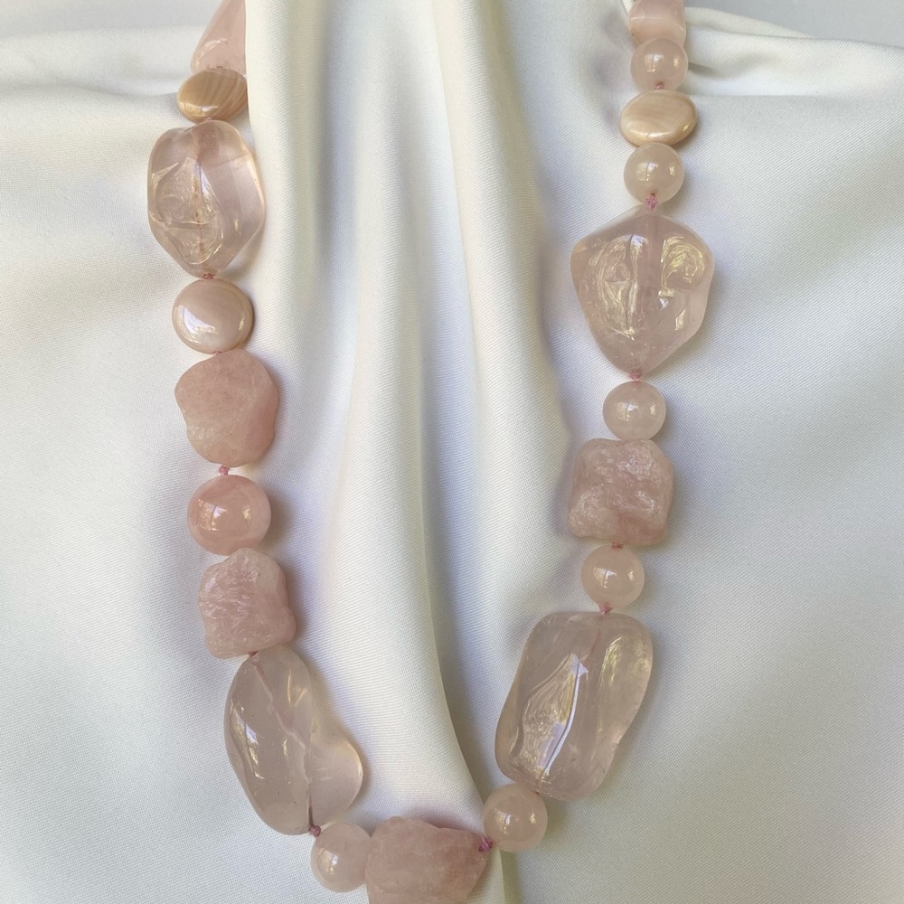 Rose quartz, pink mother of pearl and pink opal gemstone necklace one of a kind